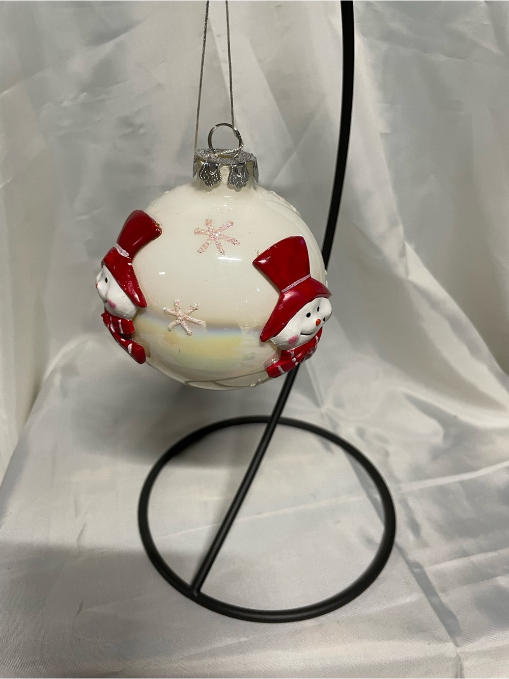 White Glass Snowman Holiday Ornament with Red Hats